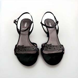 Fendi Black Velvet & Satin Slingback Heels w/Crystal Logo Size 37 Minor Wear